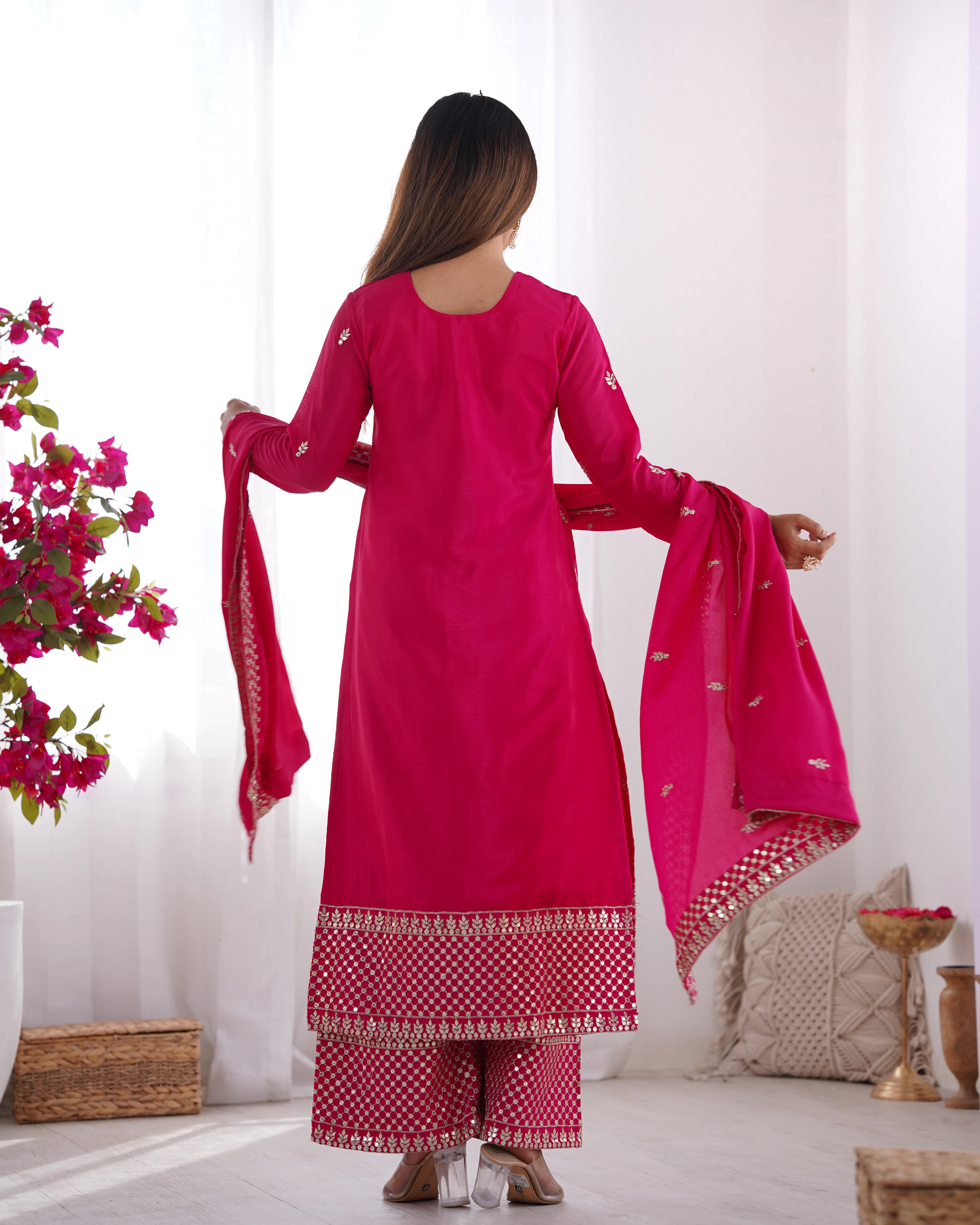 Dark Pink Zari Embroidery & Sequin Chinon Silk Suit – Kalyanja
